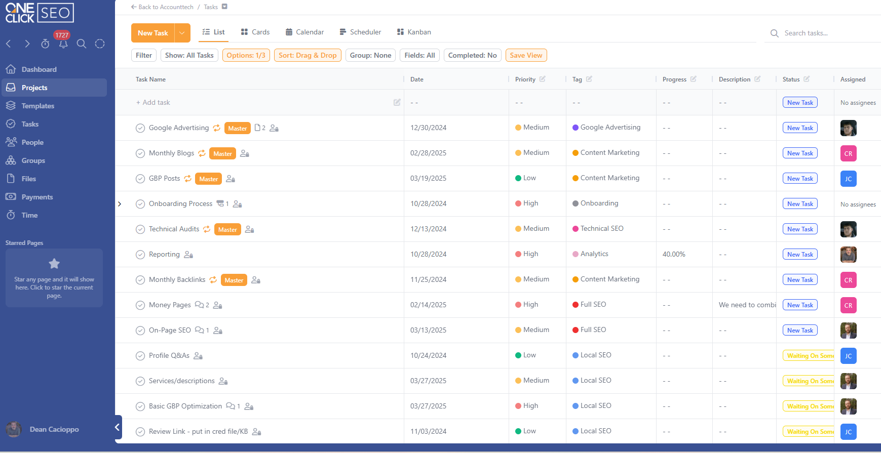 One Click SEOs project management system